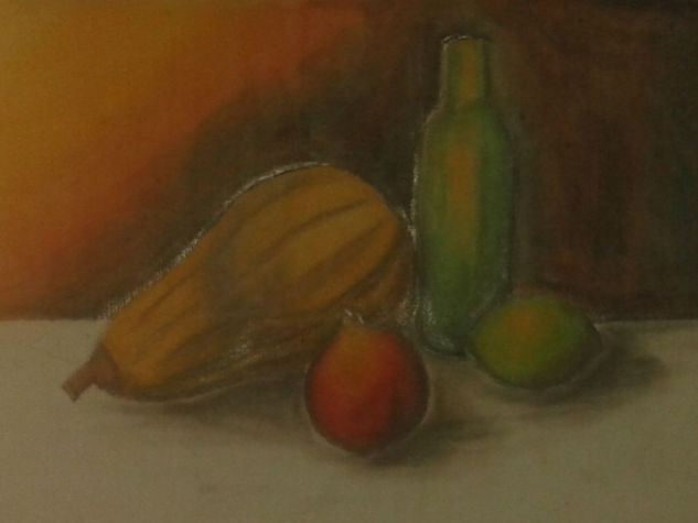 La calabaza, el limón, el durazno y la botella Pastel Paper Still Life Paintings