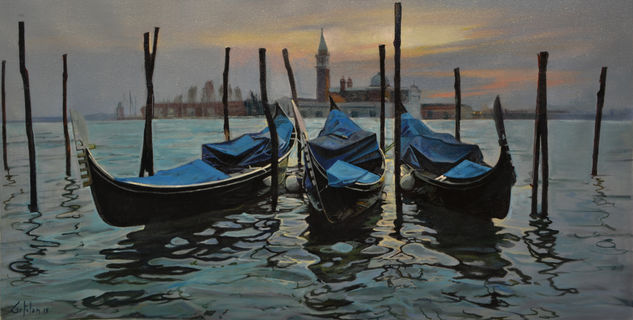 Tres Gondolas en Venezia Óleo Lienzo Marina