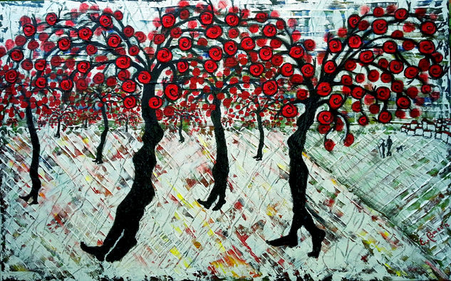 El éxodo de los caracoles rojos Mixed media Canvas Landscaping