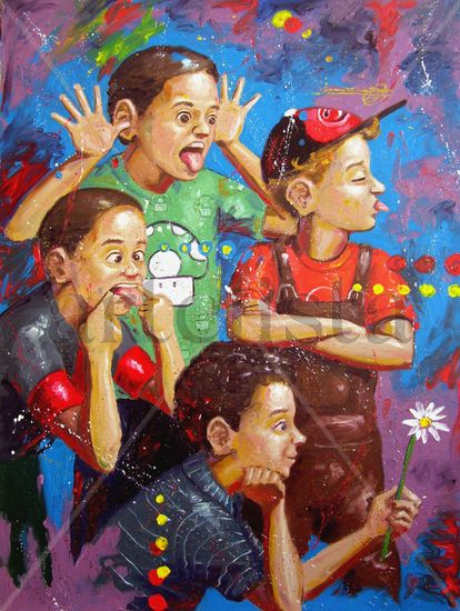 Entre caras y gestos (los niños) Oil Panel Figure Painting