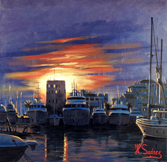 MARBELLA.- PUERTO BANUS, PUESTA DE SOL Oil Canvas Marine Painting