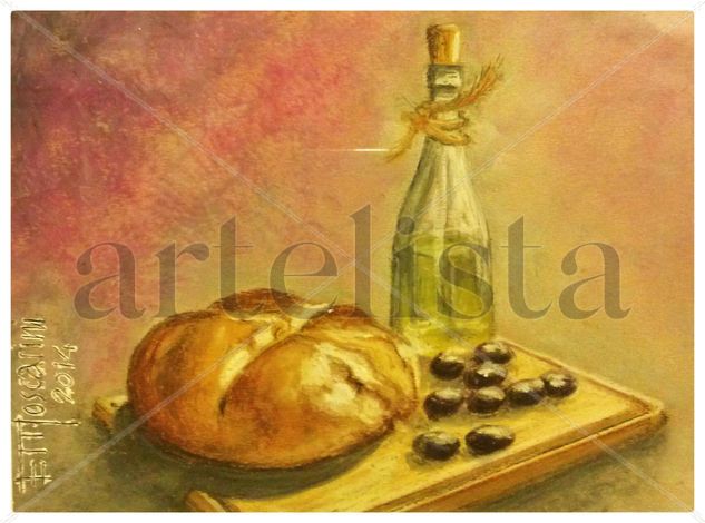 Pan y olivas Pastel Card Still Life Paintings