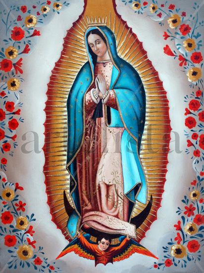 Virgen de Guadalupe Oil Canvas Figure Painting