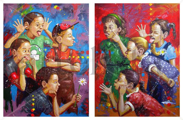 Entre caras y gestos (las niñas y los niños) Oil Panel Figure Painting