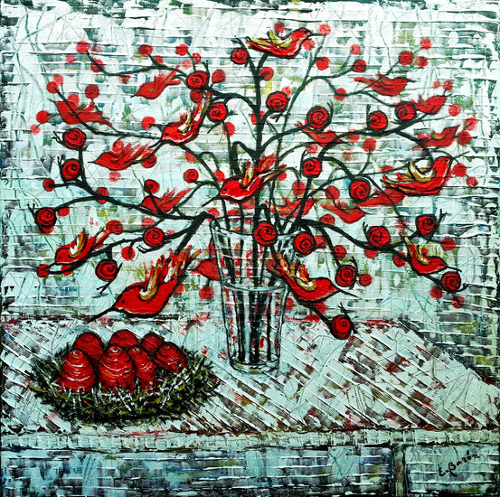 El bodegón de los pájaros rojos Mixed media Canvas Still Life Paintings