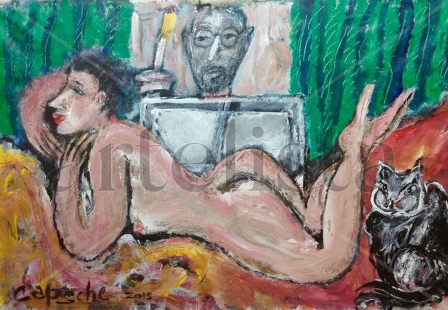 El pintor, la modelo y la mascota Acrílico Tela Desnudos