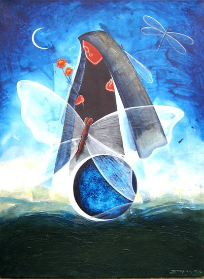 De la serie Fantasía con Virgen, Eclipse Acrylic Canvas Figure Painting