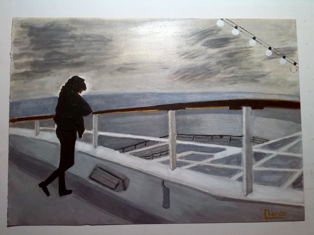 MUJER MEDITATIVA ATARDECER EN BARCO Oil Paper Marine Painting