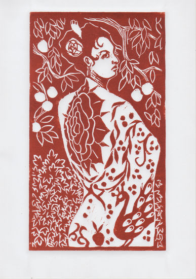 Mujer con mantón Linocut