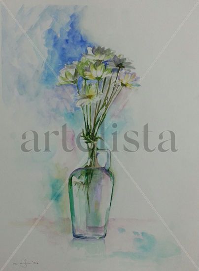 MARGARITAS EN BOTELLA DE CRISTAL Watercolour Paper Floral Painting