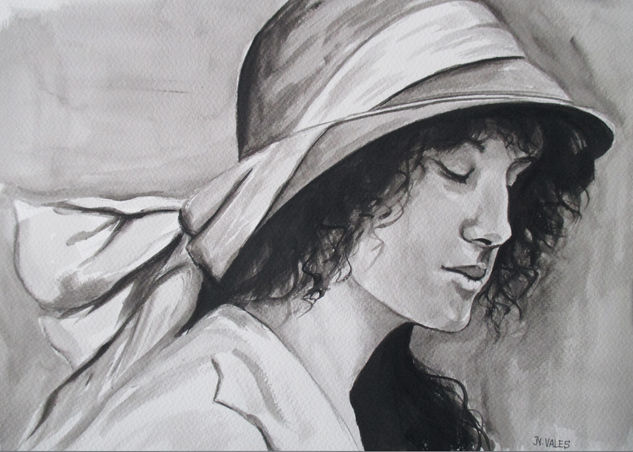 Mujer con sombrero. Acuarela Papel Retrato