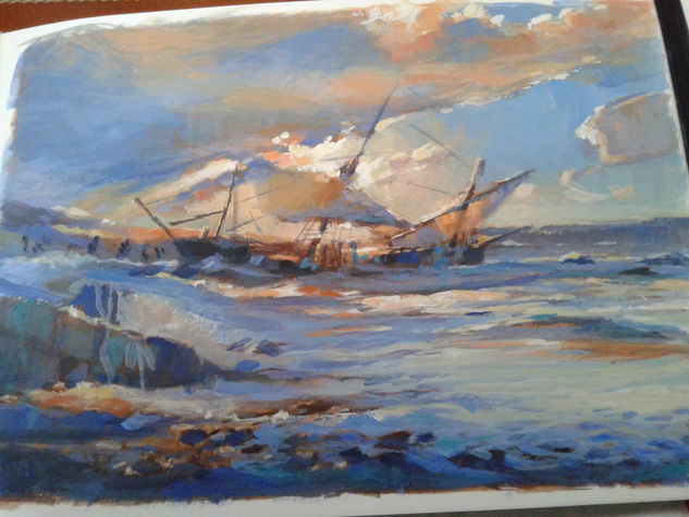 naufragio de la Santiago.Expedicion Magallanes-El Cano Gouache Papel Marina