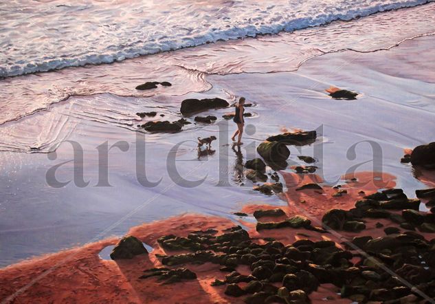 Paseo al atardecer por la Playa de Los Locos Óleo Tela Marina