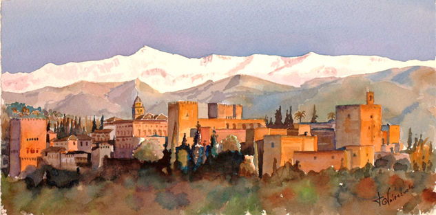 La Alhambra y Sierra Nevada Acuarela Papel Paisaje