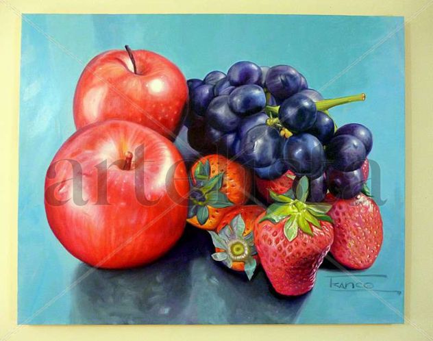 Bodegon con manzana, uvas y fresas.