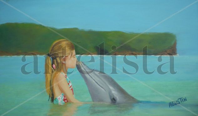 beso del delfin Oil Panel Figure Painting