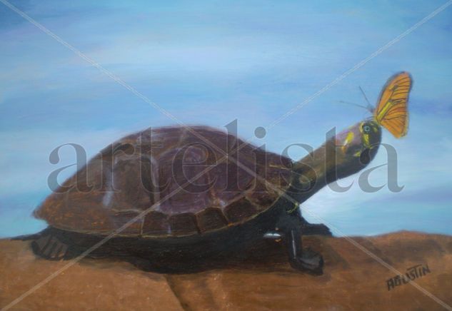 la tortuga y la mariposa Óleo Tabla Animales