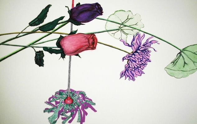 Spring clean: Fake flowers and mop Gouache Paper Floral Painting