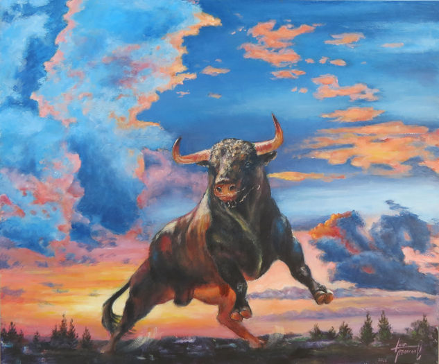 Toro al amanecer. Óleo Tabla Animales