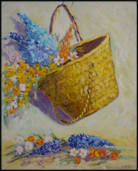 cesto con flores silvesres Oil Canvas Floral Painting