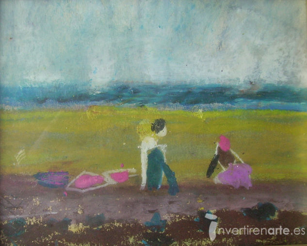 Figuras en la playa Gouache Papel Paisaje