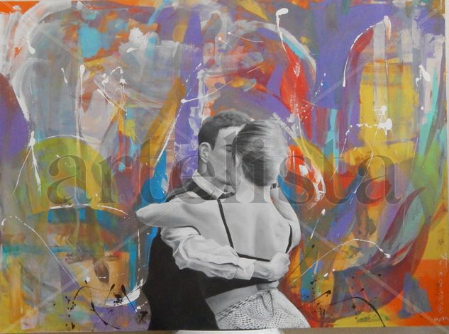 EL BESO Mixed media Panel Figure Painting