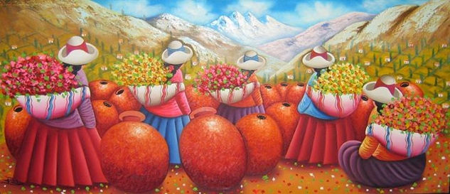 Beautiful Andean Scenary Oil Painting On Large Canvas Óleo Tela Paisaje