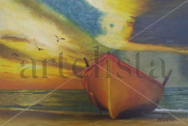 Barca al atardecer Oil Panel Marine Painting