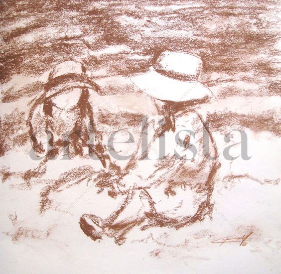 Niñas en la playa Pastel Card Figure Painting