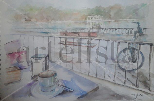 Tomando café en el Parque del Retiro de Madrid Watercolour Paper Landscaping