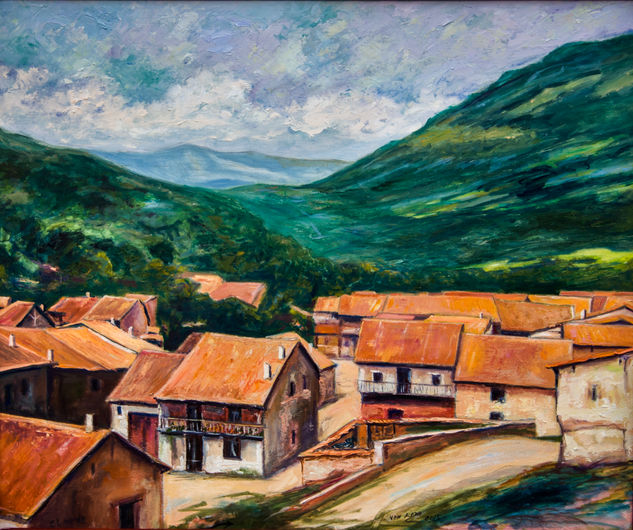 Aldea asturiana. Óleo Tabla Paisaje