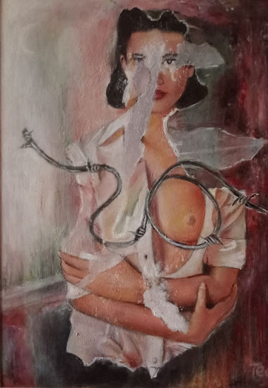 "Detenida en su propio abrazo"  inspirada en un collage de karyn Huberman Oil Panel Figure Painting