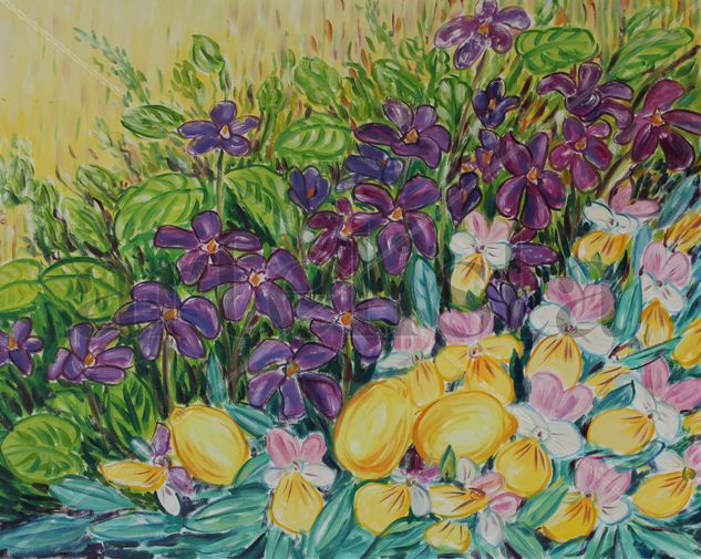 Violas silvestres y limones Oil Canvas Floral Painting