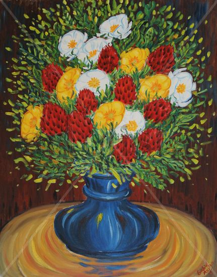 Jarron azul Negritella y ranunculus Oil Canvas Floral Painting