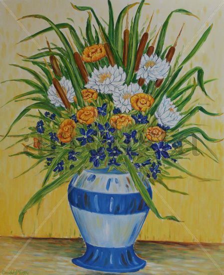 Jarron azul claro (Nenufares, espadana y genciana) Oil Canvas Floral Painting