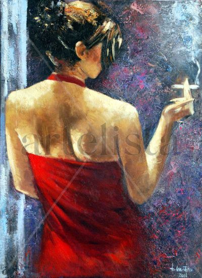 Mujer de espaldas y vestido rojo Oil Canvas Figure Painting