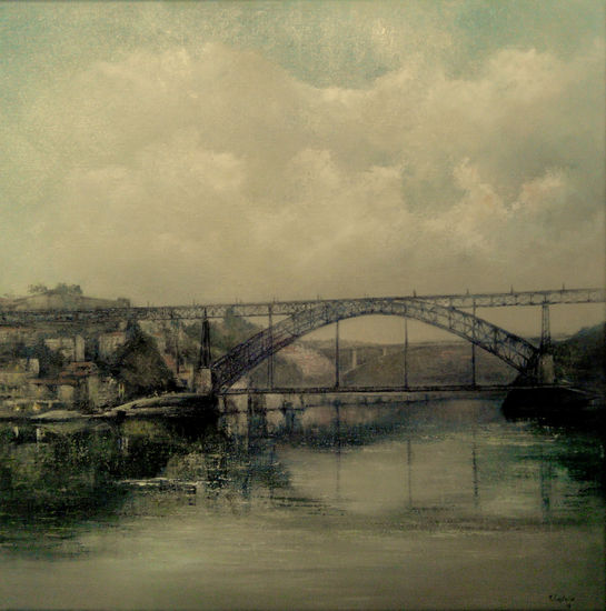 Duero arriba-Puente  D. Luis I -Oporto Óleo Lienzo Paisaje