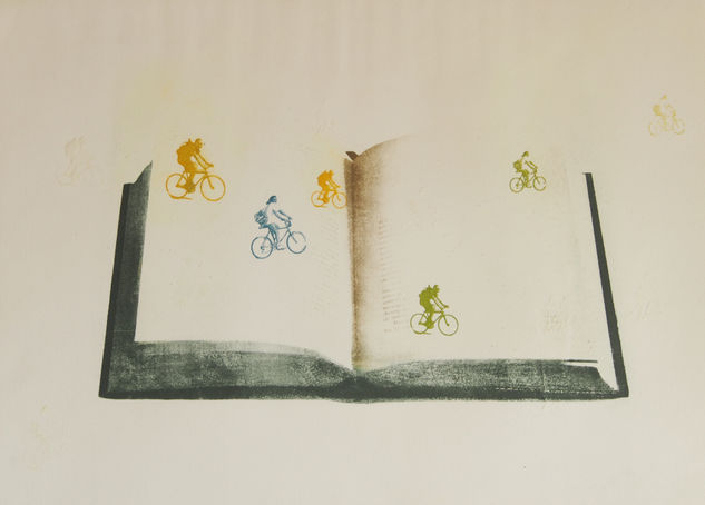 ciclistas y libro Monoprint