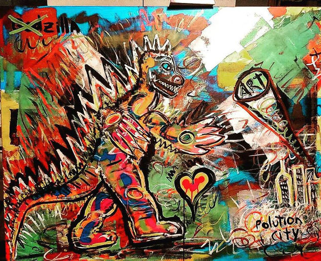 Zilla attack polution city Media Mixta Lienzo Figura