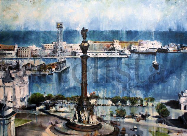 Puerto de Barcelona-Colón Oil Card Marine Painting