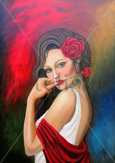 La mujer y la rosa. Oil Canvas Figure Painting