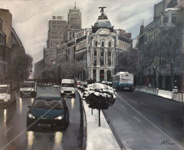 NIEVE EN LA GRAN VÍA DE MADRID. Acrílico Lienzo Paisaje