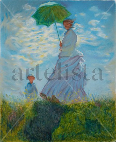 Mujer con sombrilla y niño. Monet. Interpretación. Woman with parasol and child Pastel Papel Retrato