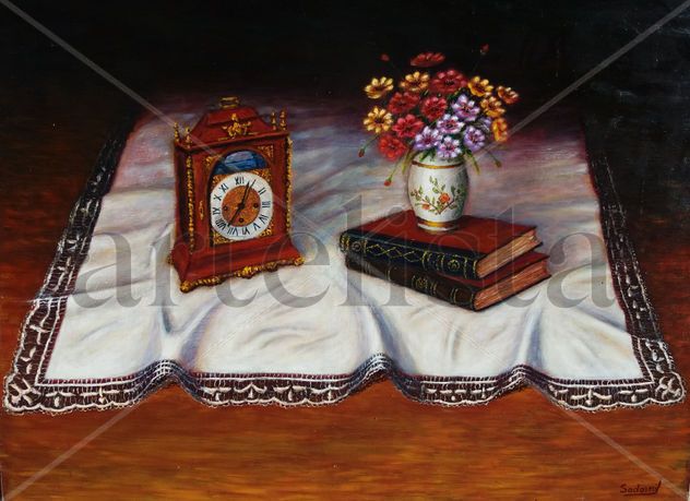 Bodegón, mantél, libros, reloj y flores