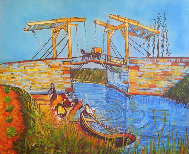 Vincent Van Gogh - El puente de Langlois en Arlés con lavanderas. Óleo Tabla Paisaje