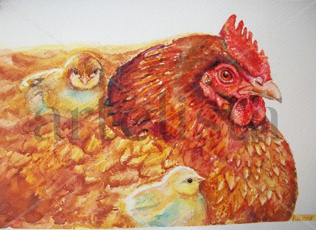 Hen with chicks Acuarela Papel Animales