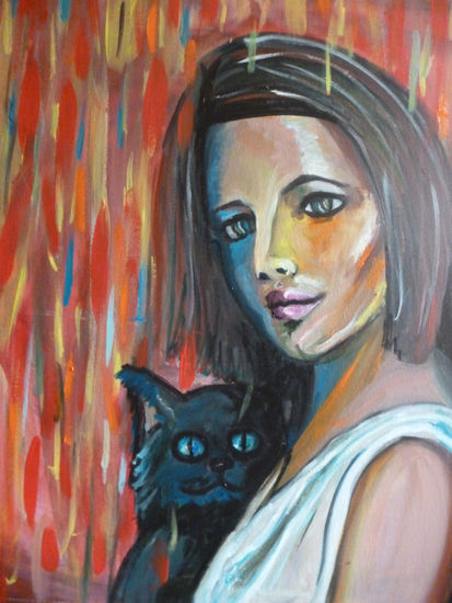 Ella y Gato en la lluvia de estrellas Oil Canvas Figure Painting