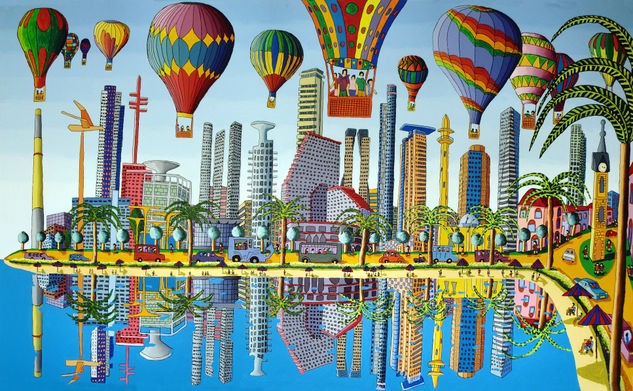 Hot air balloons on the skyline of tel aviv city naive art paintings folk naife painting Acrylic Canvas Landscaping