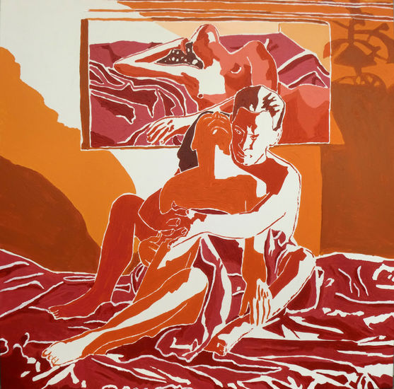 red painting of man and woman naked on bed nude male female painting erotic art Acrylic Canvas Figure Painting