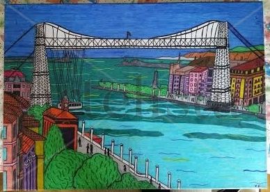 El puente colgante de Getxo Felt-tip pen Canvas Landscaping